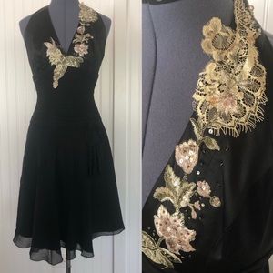 Vintage Black Silk Halter Mini Dress Fit and Flare Floral Embroidery Lace Twirly